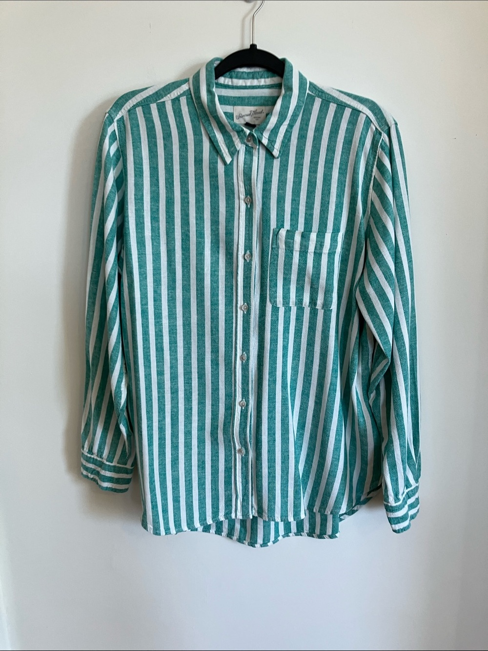 Universal Thread Green and White Vertical Stripe Button-Down Shirt